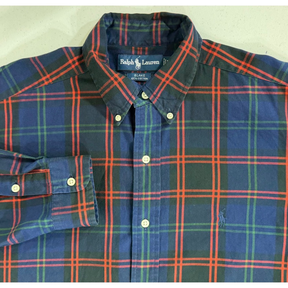 Ralph Lauren Blake Button Down Medium Navy Red Plaid Cotton Preppy Heritage